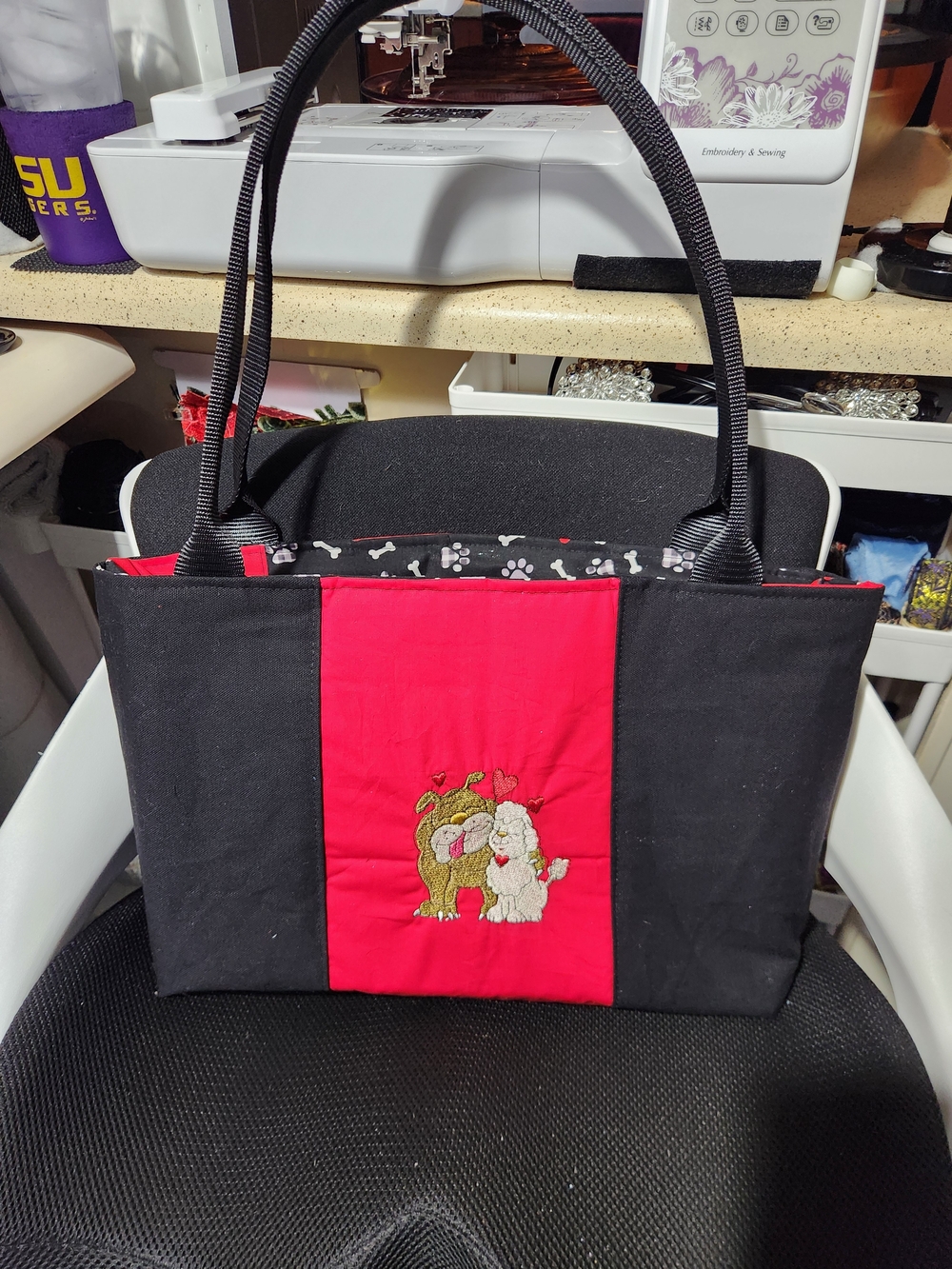 Black and Red Tote Bag with Embroidered Dogs